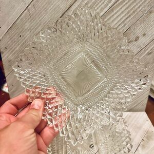 Vintage Clear Pressed Glass Square Bowls Diamond Point Scalloped Edge Set of 2